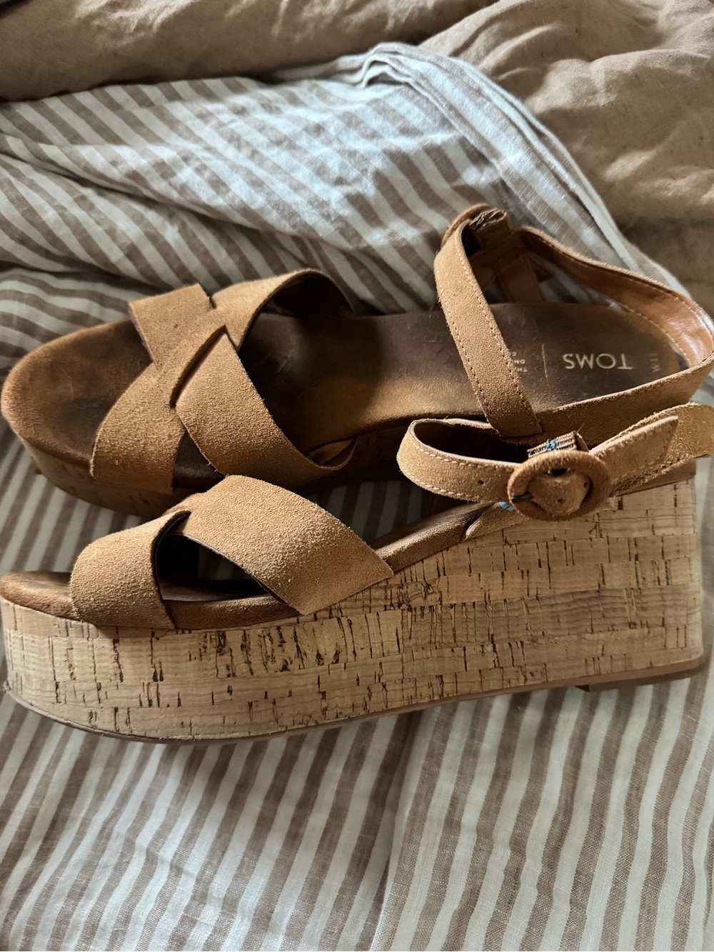 TOMS Tan Suede Cork Platform Wedge Sandals